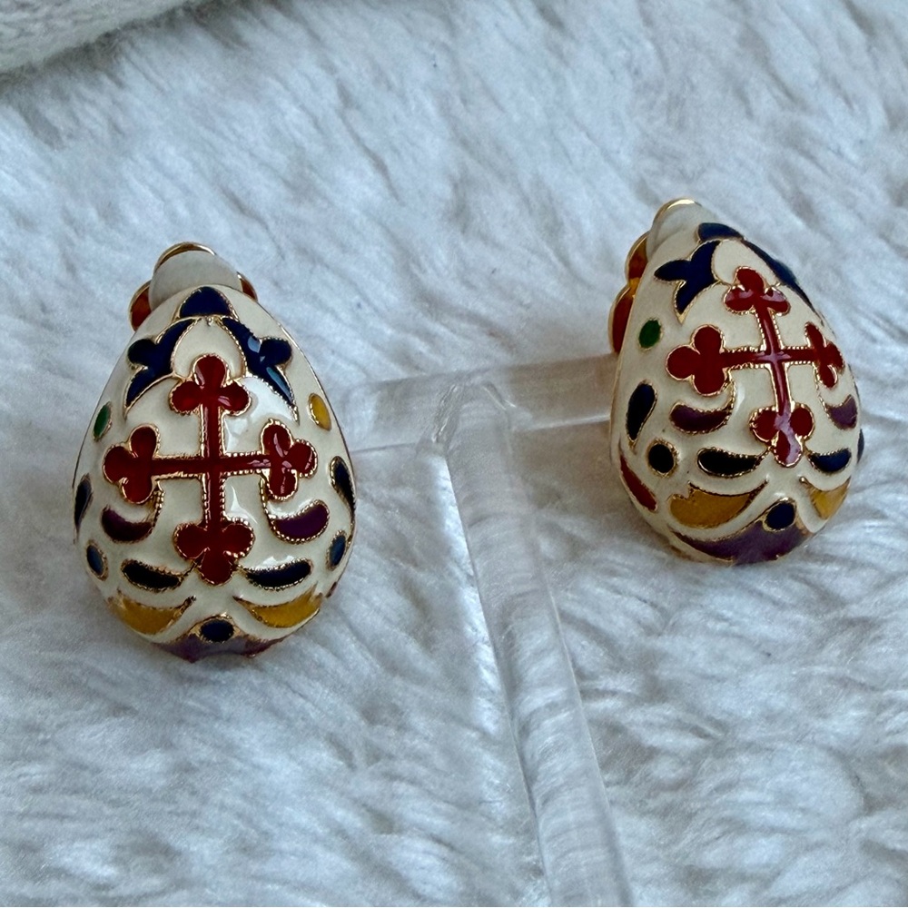 JOAN RIVERS | Vintage | Faberge-Style Egg Multicolor Enamel Teardrop Clip On